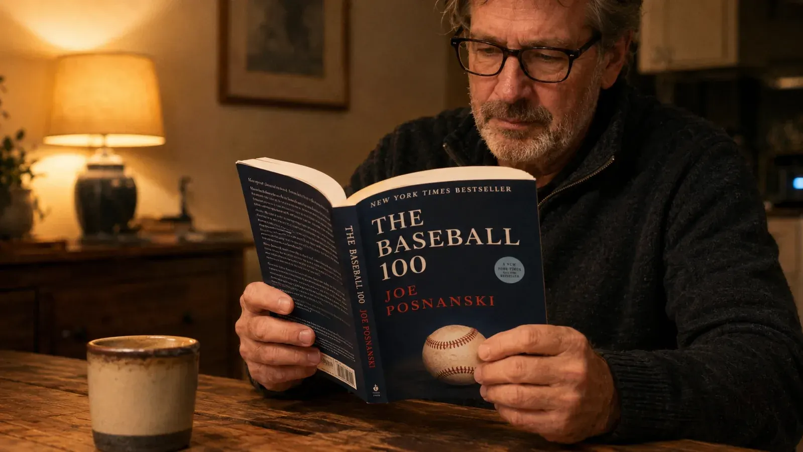 Open hands holding a paperback baseball history book, a page of prose spread across a wooden table in the evening