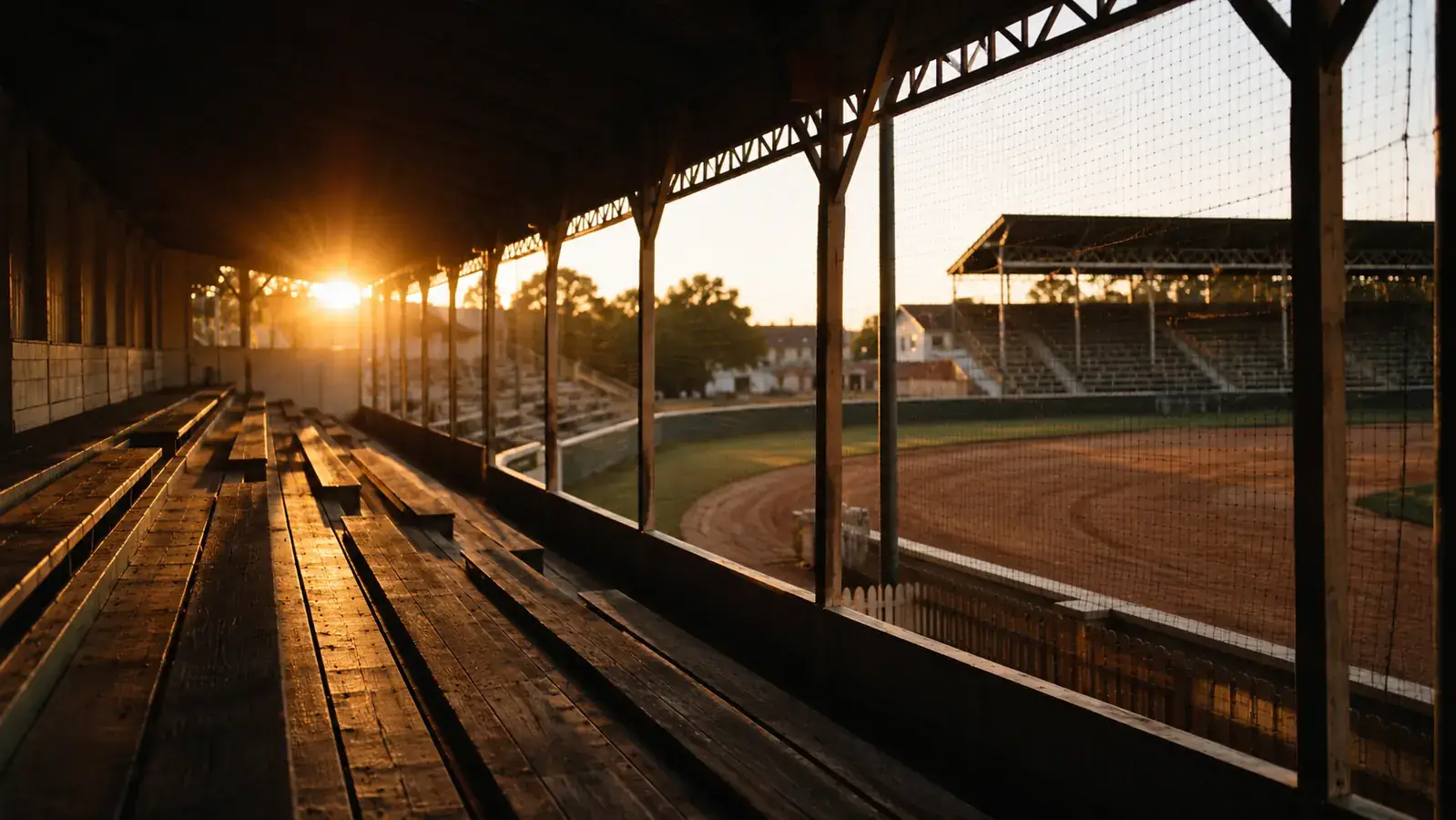 An empty vintage ballpark at sunset with a long shadow across the infield and warm light washing over the stands