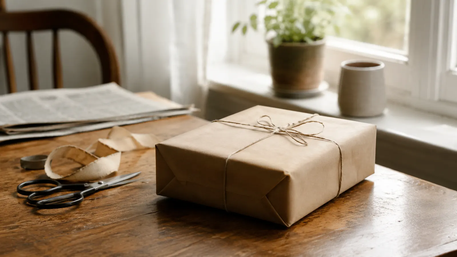 A hardcover book freshly wrapped in plain brown paper on a kitchen table in soft morning light, ribbon and scissors nearby