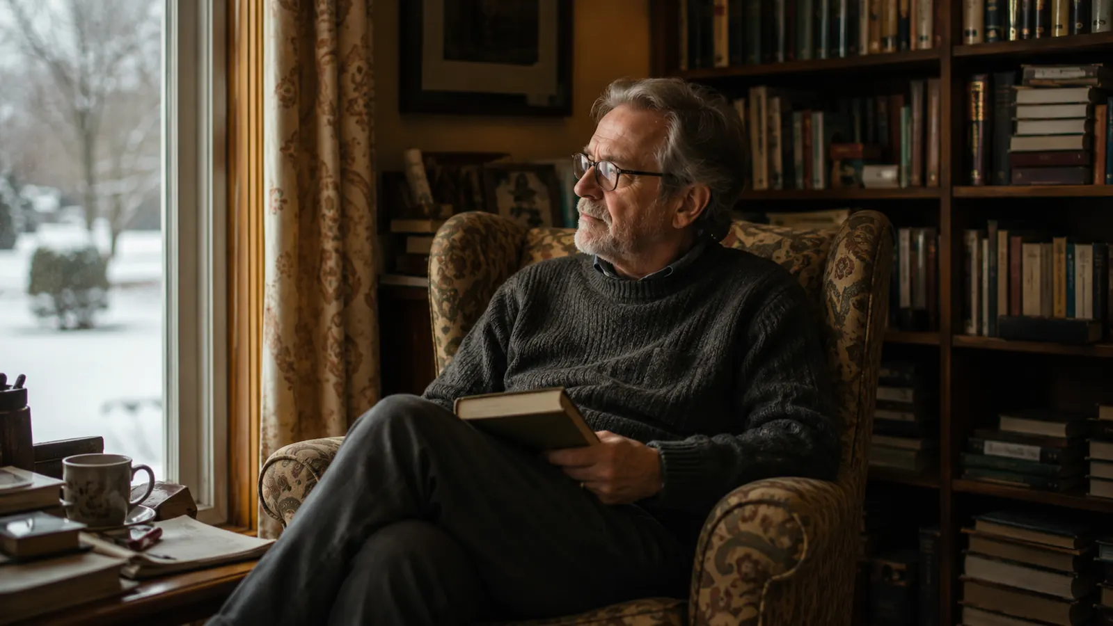 A man in his late fifties settled in a cloth armchair by a window on a winter afternoon, reading glasses on, a book closed in his lap, a shelf of books behind him