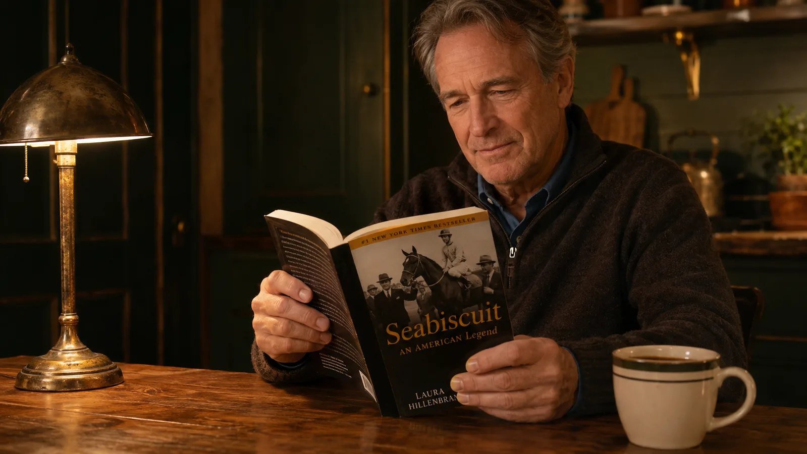 A man in his late 50s holding an open paperback book at a wooden kitchen table under a warm lamp, a cup of coffee at his elbow