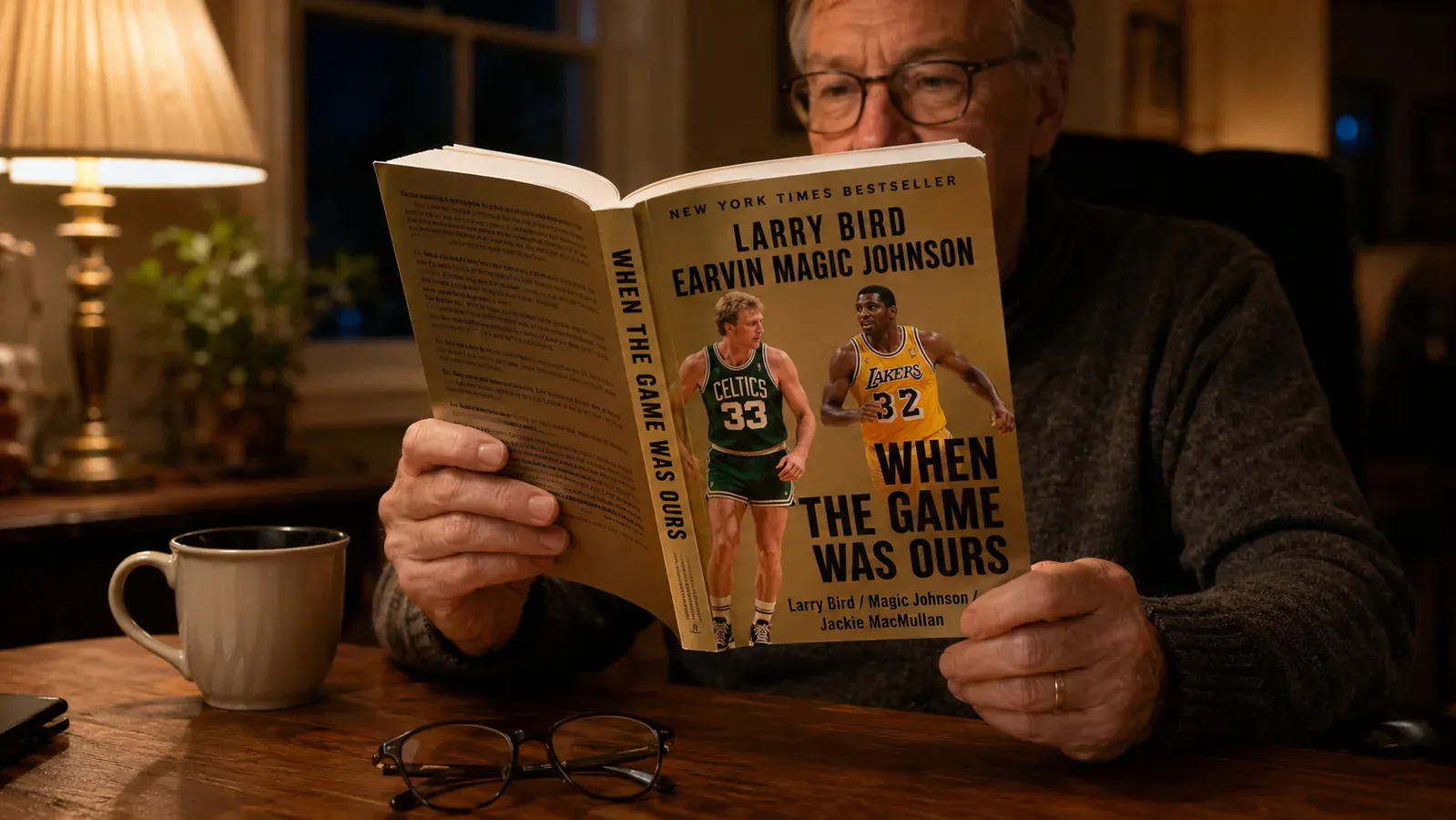 A pair of hands holding a trade paperback open at the middle pages on a wooden kitchen table beside a mug