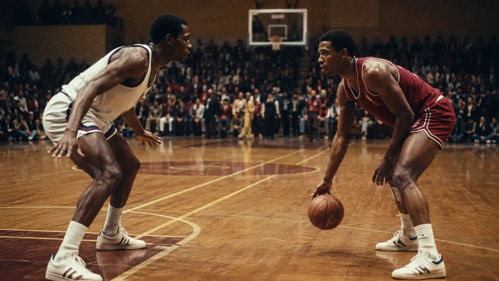 Two players facing each other on a vintage hardwood basketball court in black-and-white film light