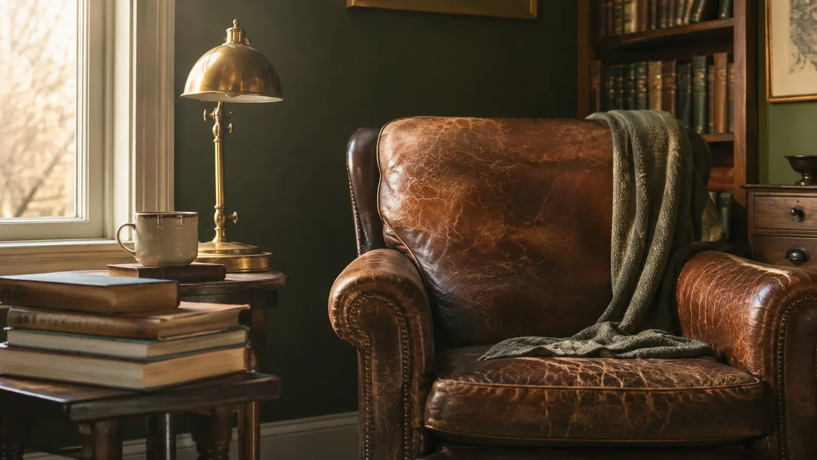 A stack of well-thumbed sports history books beside a leather reading chair in warm morning light