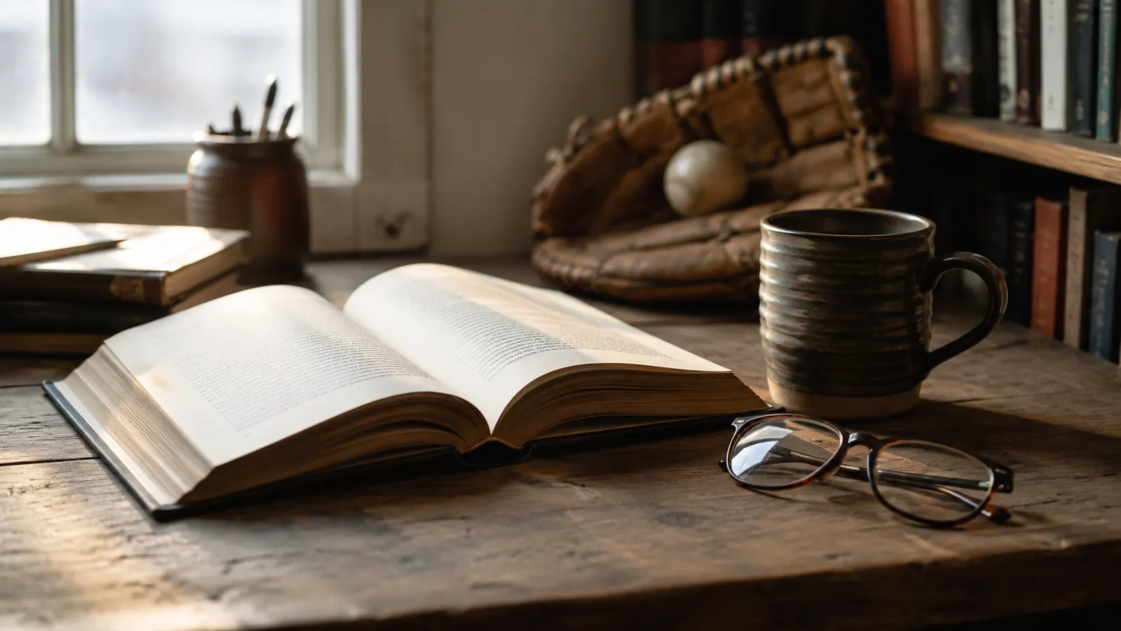 An open book lying on a worn wooden desk with a cup of coffee and reading glasses beside it