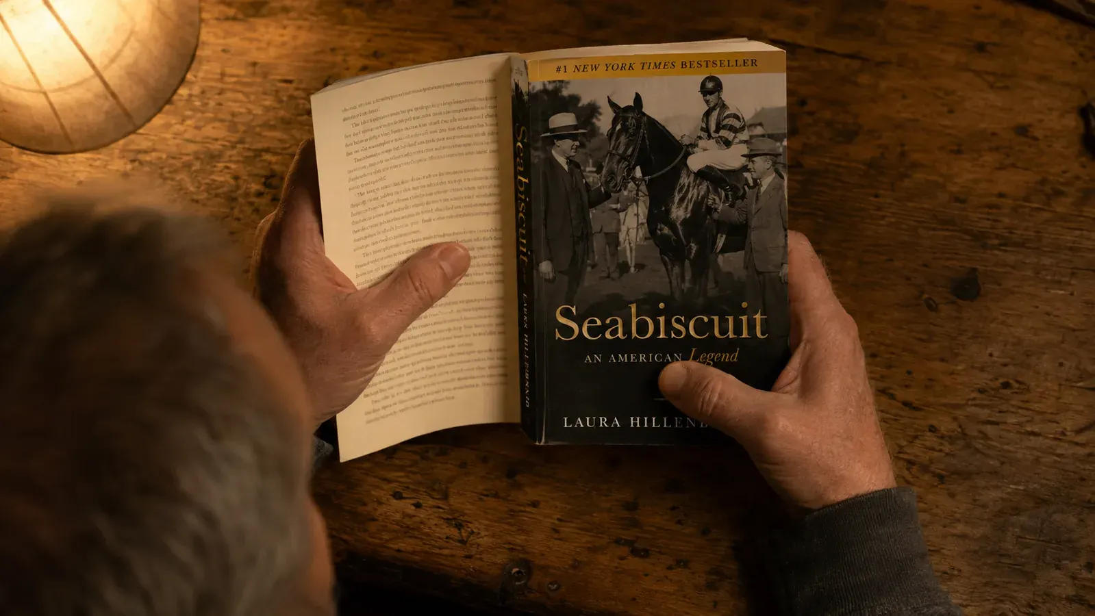 Hands holding an open paperback copy of the book, warm lamplight falling across the pages on a wooden table