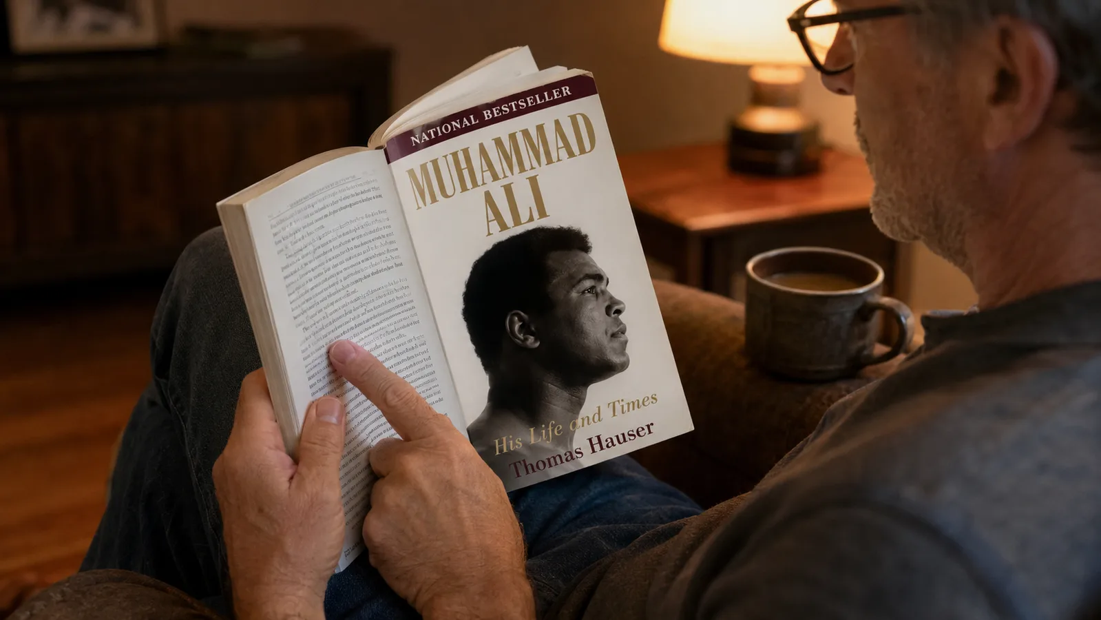A hand holding open the book on a reader's lap, an index finger marking a passage, warm living room light