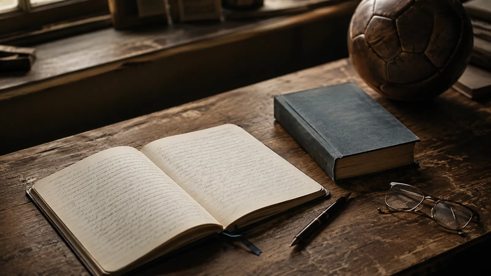 An open notebook beside a closed hardcover on a wooden desk, a pen and reading glasses nearby, a vintage leather football resting on the corner of the desk