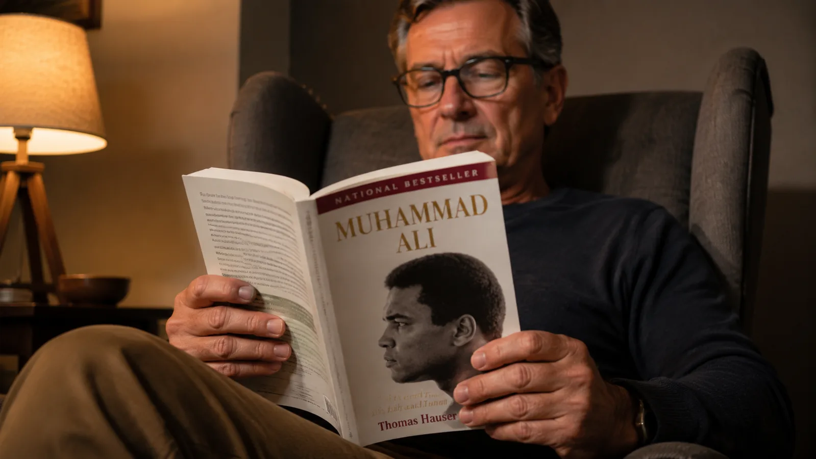 Older hands hold open a paperback biography while reading in an armchair in soft lamp light.