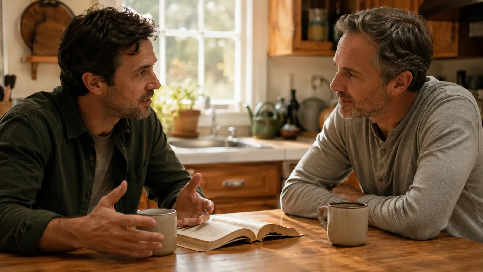 Two men talk over coffee at a kitchen table with an open paperback between them in morning light.