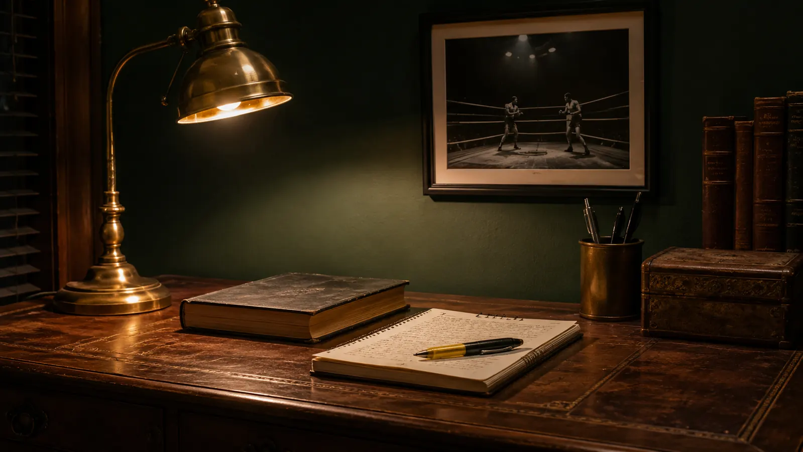 A reader's desk at night with a closed book under a warm lamp, a spiral notepad of handwritten notes, a highlighter pen, and a framed black and white photograph of a boxing ring on the wall