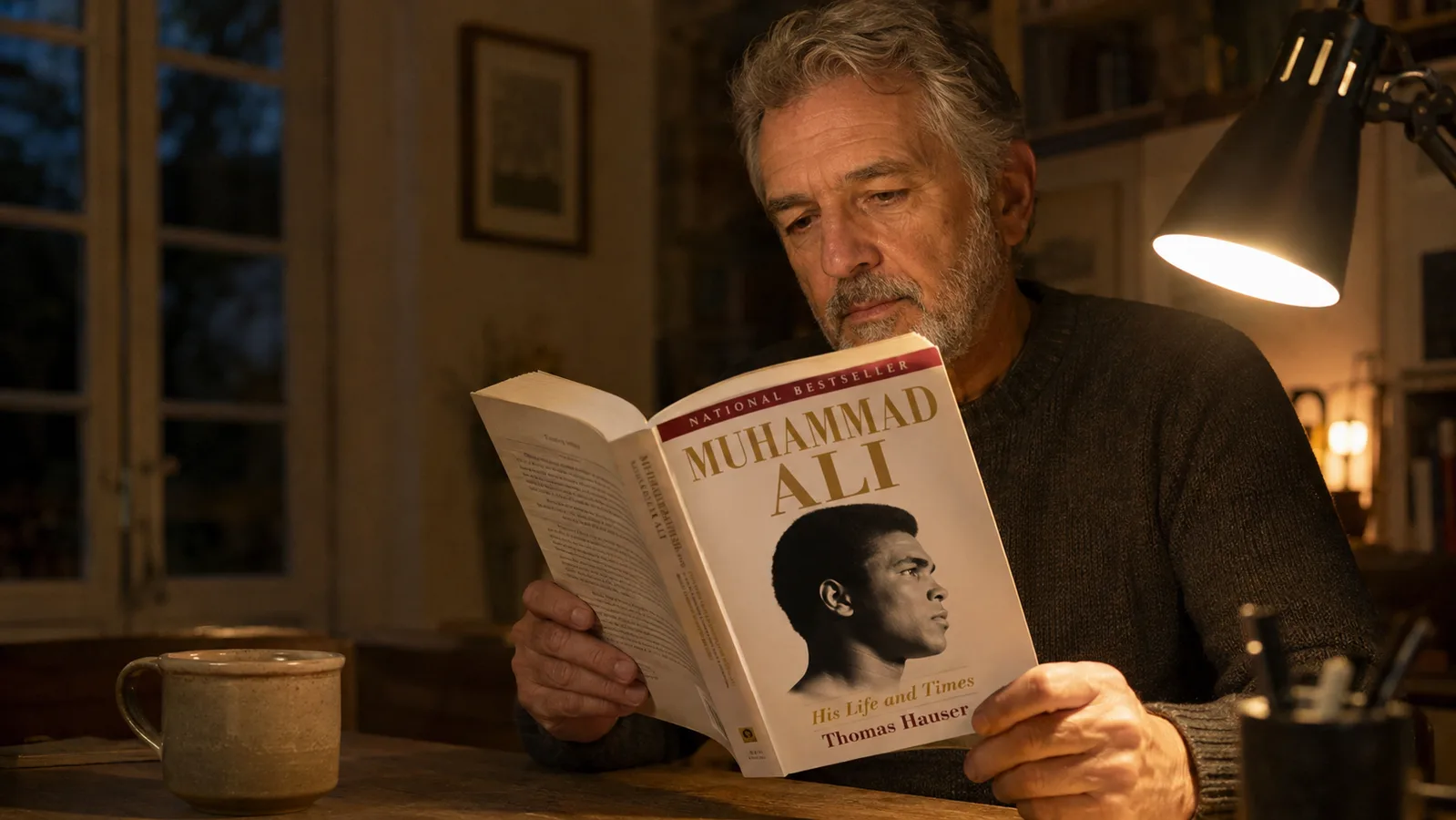 The book lying open on a worn kitchen table in winter daylight, a mug of coffee beside it, and a pair of reading glasses resting on the open page