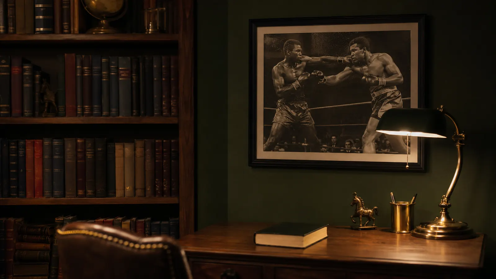 A quiet home study at night, shelves of hardcover history books along the wall, a framed black and white photograph of two boxers above a wooden desk, and one closed book on the desk under a lamp