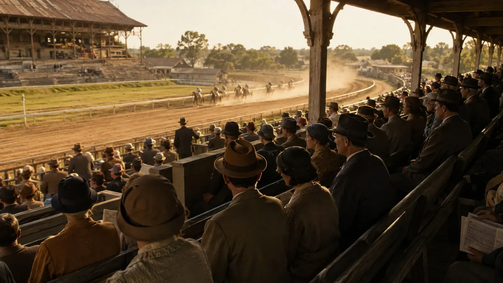 Horses rounding the far turn of a racetrack at golden hour with a grandstand in the distance.