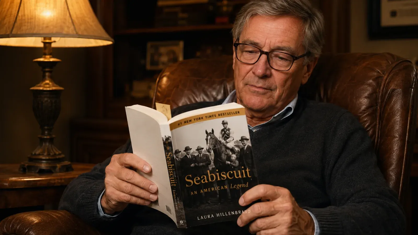 A man in his late fifties reads an open paperback in a worn leather chair under a reading lamp, a yellowed bookmark between the pages