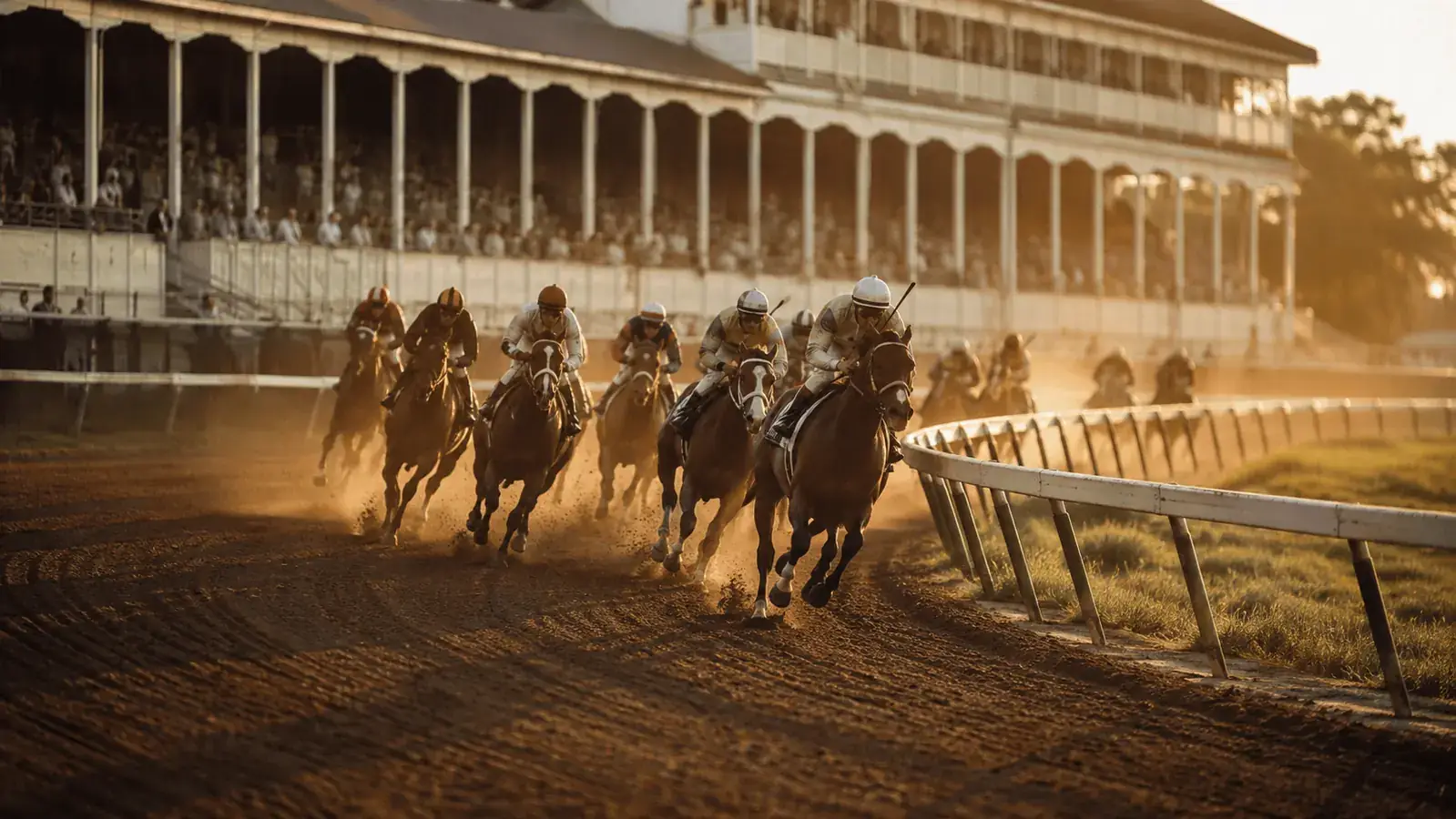 Racehorses round the far turn of an old dirt track at low sun, a packed grandstand soft and dusty behind them