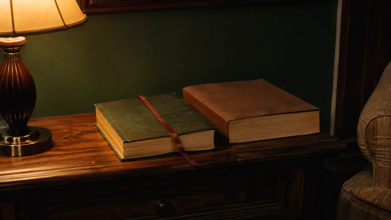 Two closed paperbacks resting side by side on a small reading table with a ribbon bookmark, warm lamp light at night