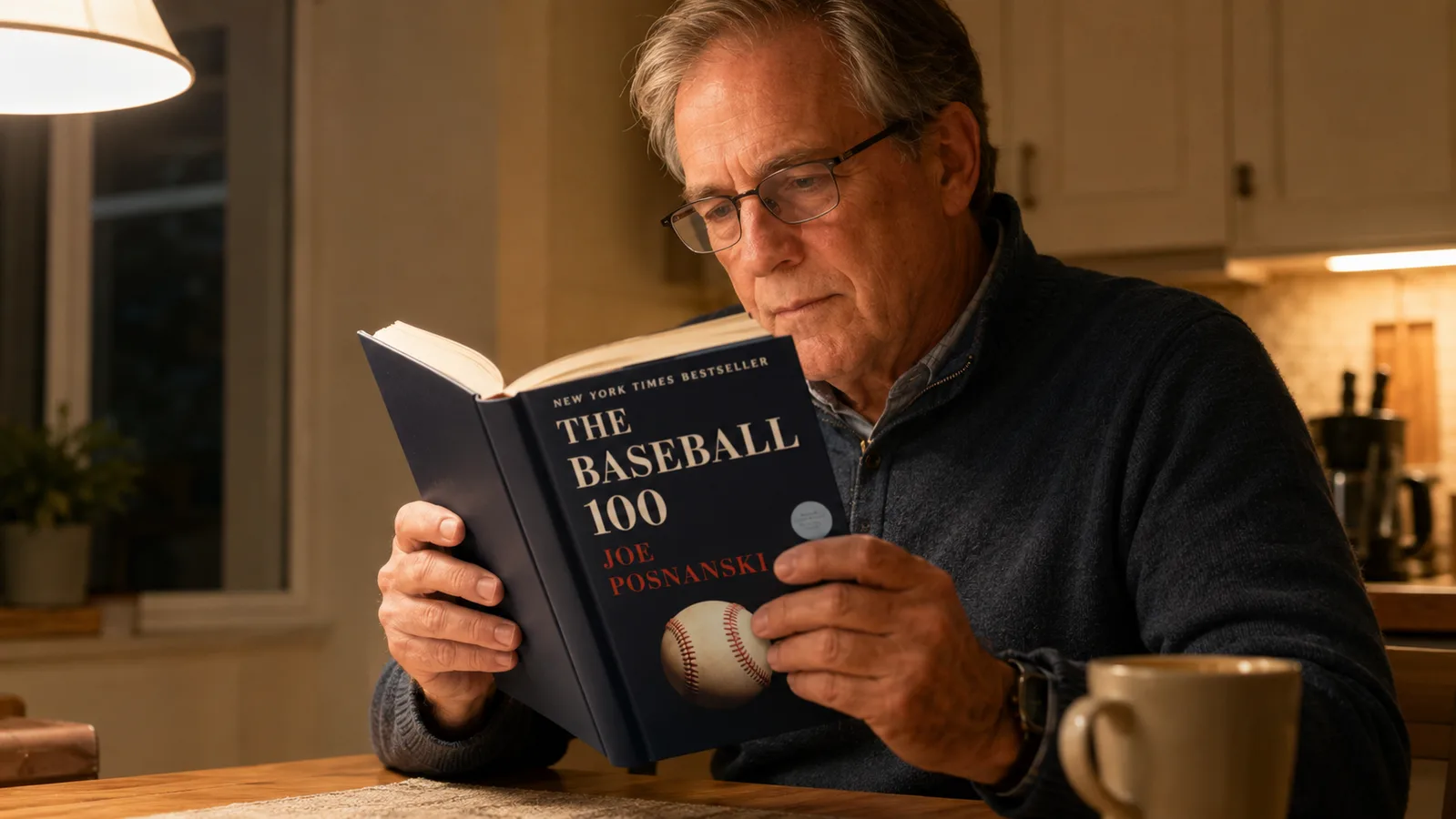 A reader's hands holding a hardcover book open at a kitchen table under a reading lamp