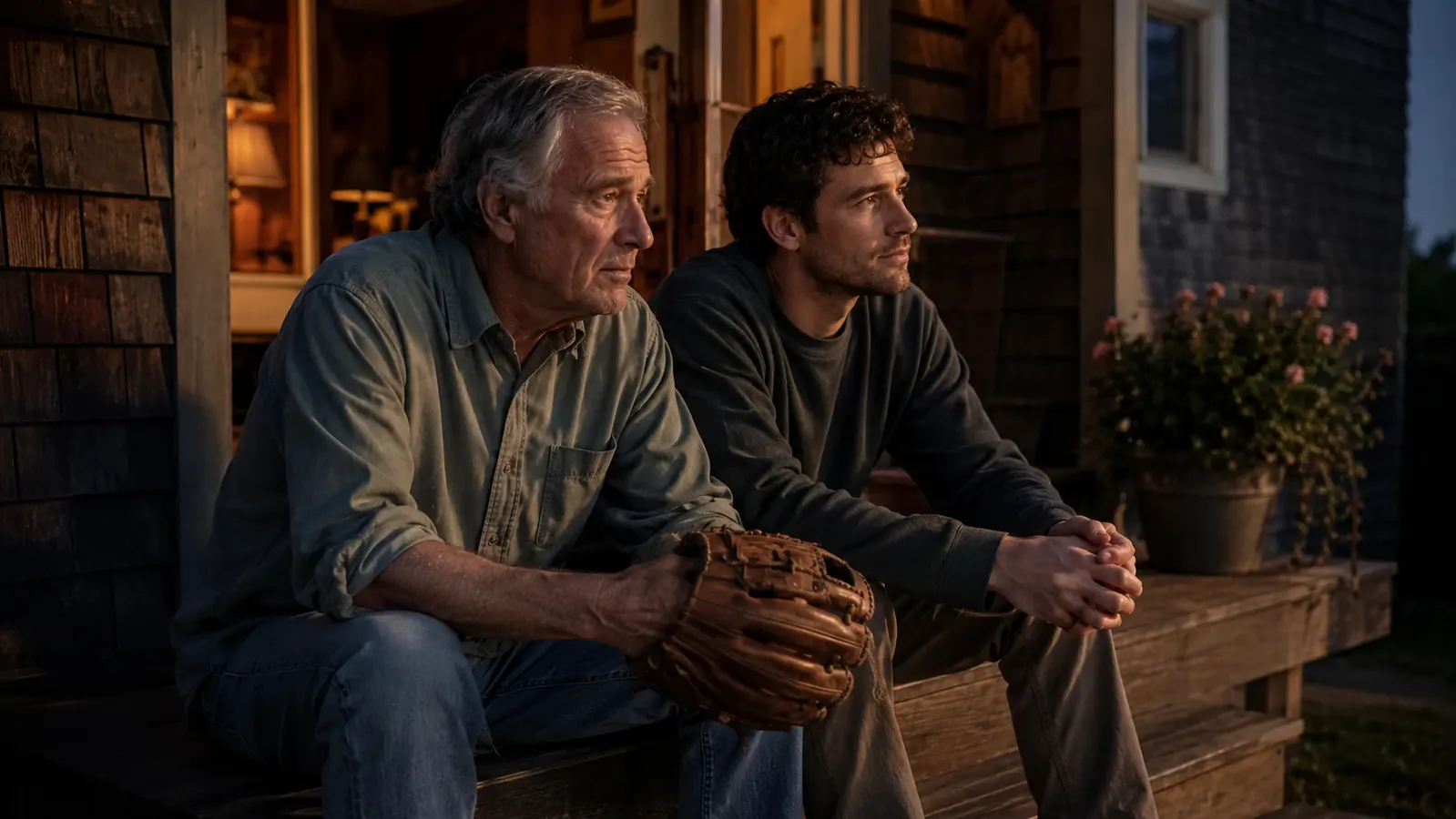 A father and adult son sitting together on porch steps in the evening, the older man holding a baseball glove, both looking out at the yard