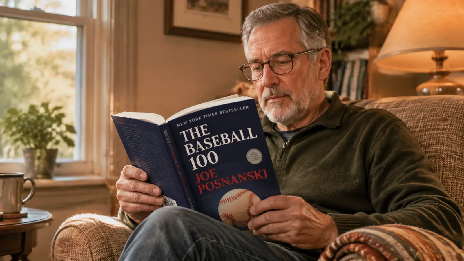 A reader holding the book open in an armchair by a window in warm afternoon light.