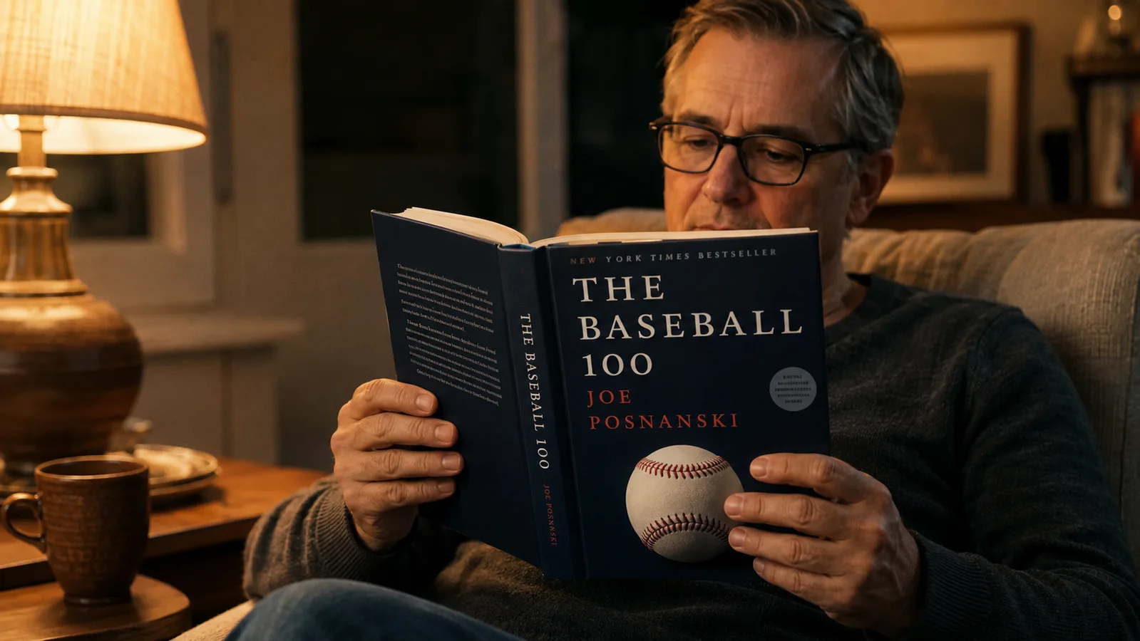 A reader holding a thick hardback book open in both hands while sitting in a living room armchair in the evening