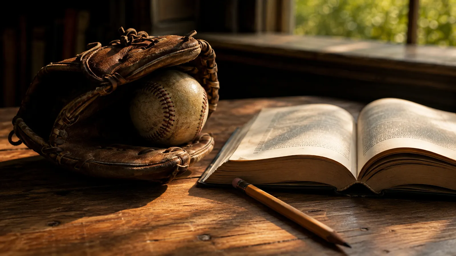 A baseball glove and a ball resting beside an open book and a pencil on a wooden table in warm afternoon light