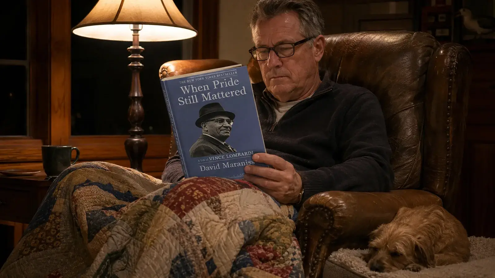 A man in his late fifties reading the book in a worn armchair by a reading lamp, evening light, the book held open, a quilt over his knees.