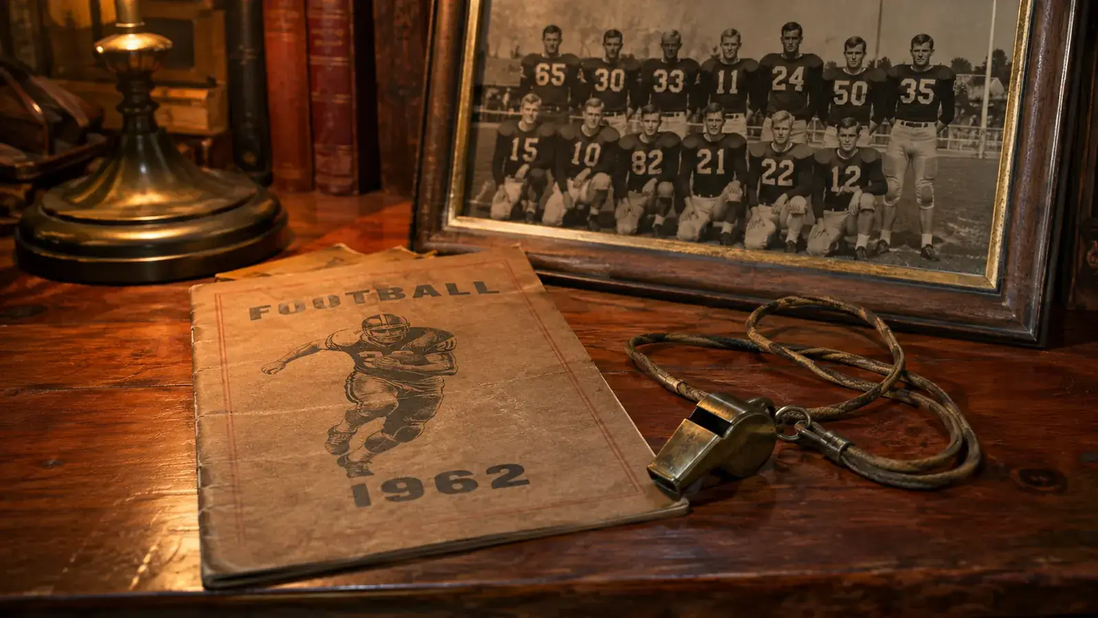 An old oak desk with a 1962 high school football program, an aged brass whistle, and a framed black-and-white team photograph under a reading lamp.