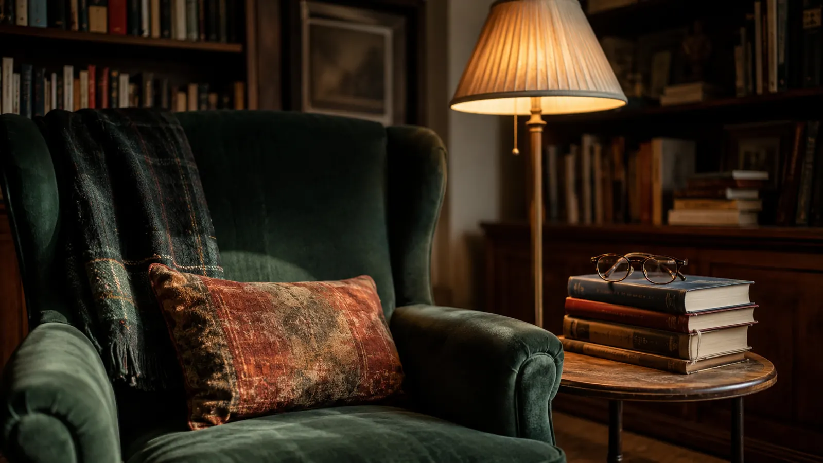 A tidy reading nook with a deep armchair, a stack of history books, and reading glasses on a side table in warm light