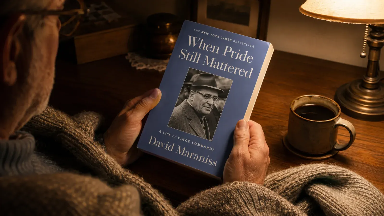 A person in a wool sweater reading the biography at a desk at night with a mug of coffee nearby