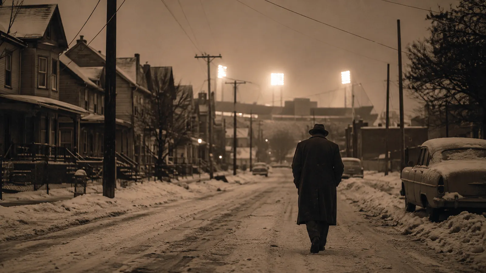A snowy 1960s midwestern town street at dusk with stadium lights ahead and a lone man in an overcoat walking alone
