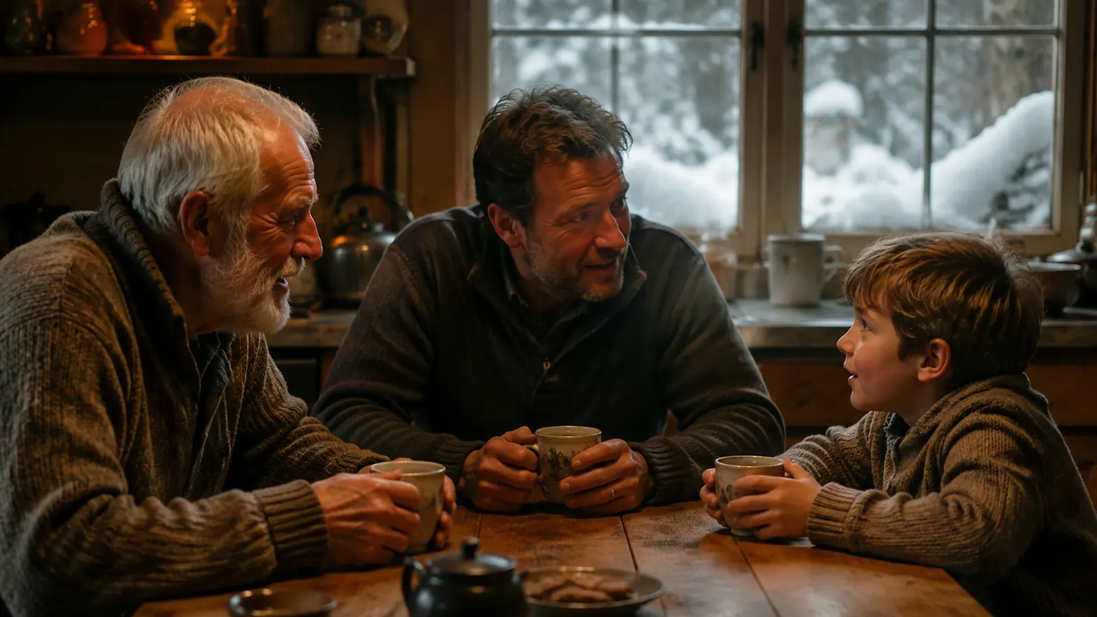 Two men and a young boy sitting around a kitchen table with mugs of coffee, mid conversation and laughing, snow piled on the window ledge behind them