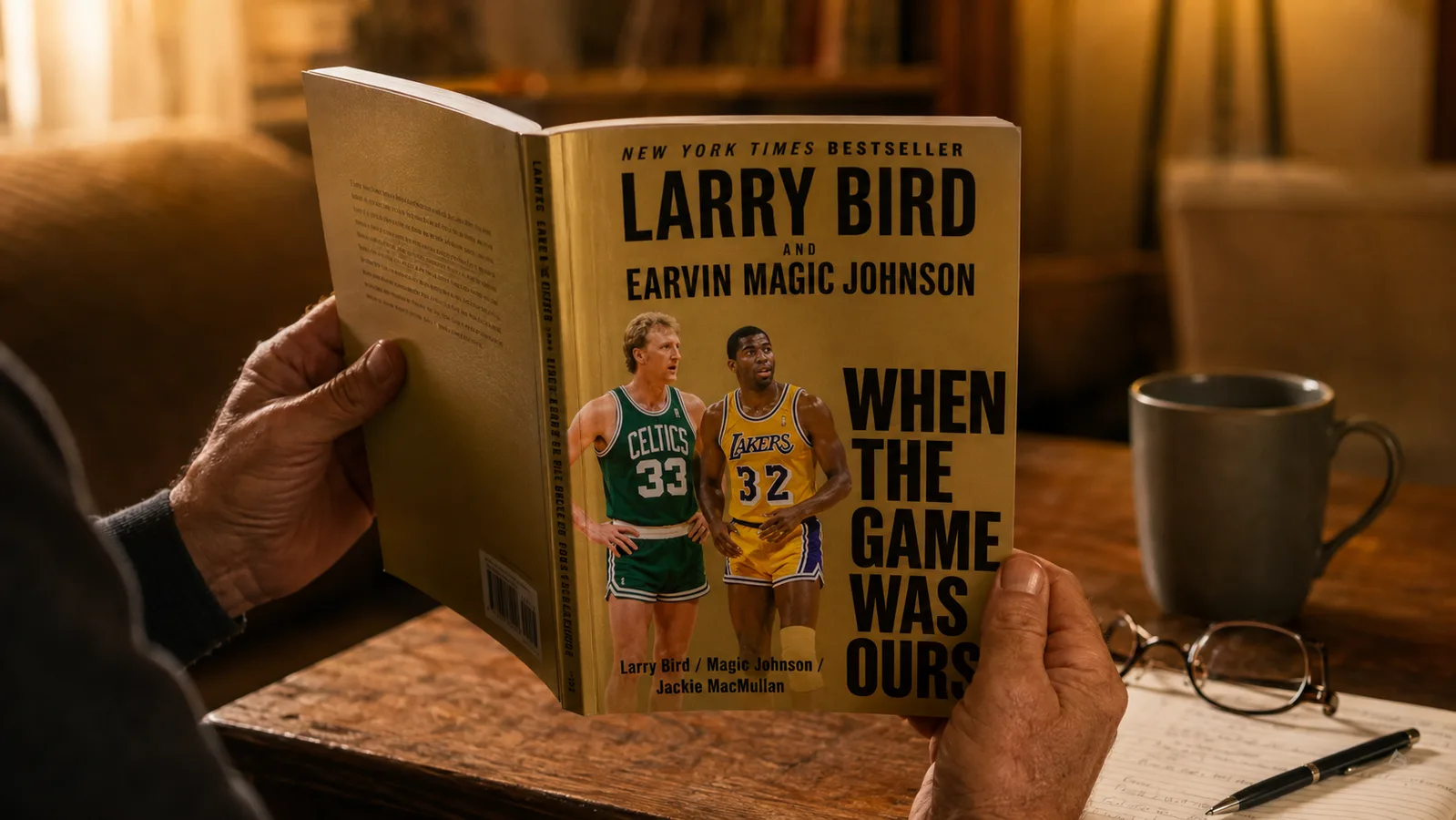 A reader's hands holding an open sports biography at a kitchen table beside a coffee mug and reading glasses