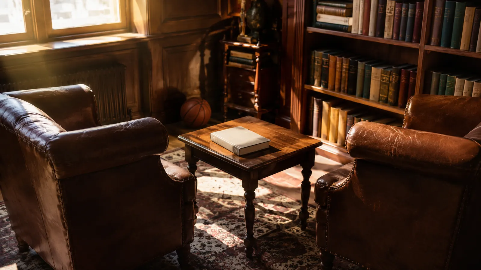 Two empty armchairs facing each other across a small table that holds a closed memoir book, an old basketball in the corner