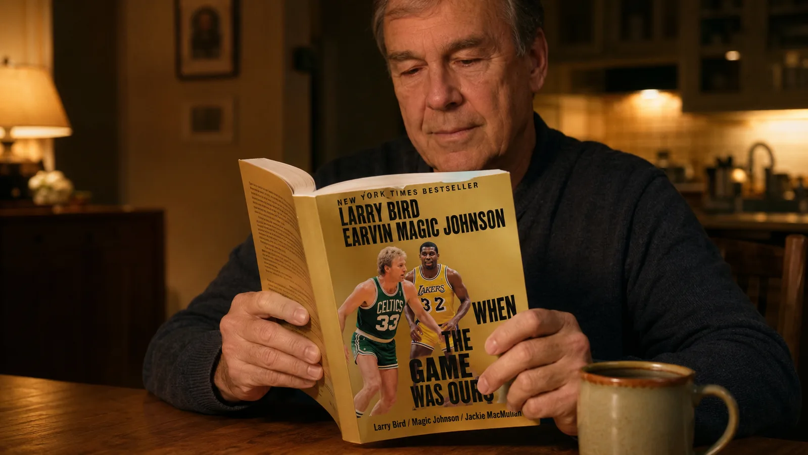 A reader holding the book open at a kitchen table under warm lamplight, a coffee mug nearby.