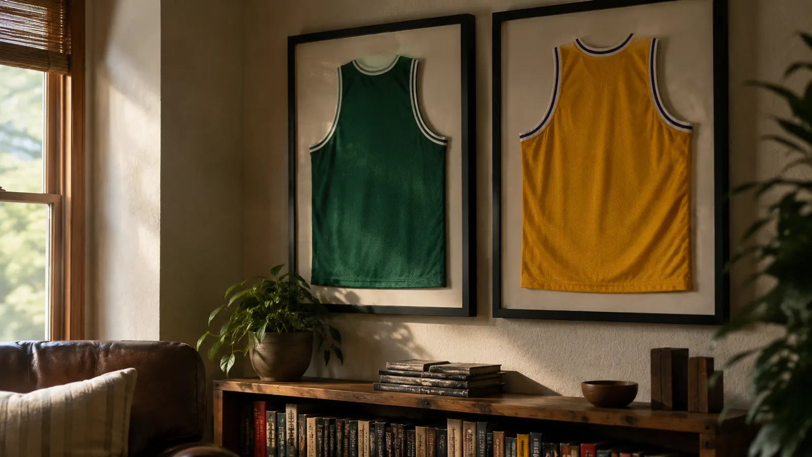 Two retired basketball jerseys, one green and one gold, framed side by side on a wall above a small shelf of books.