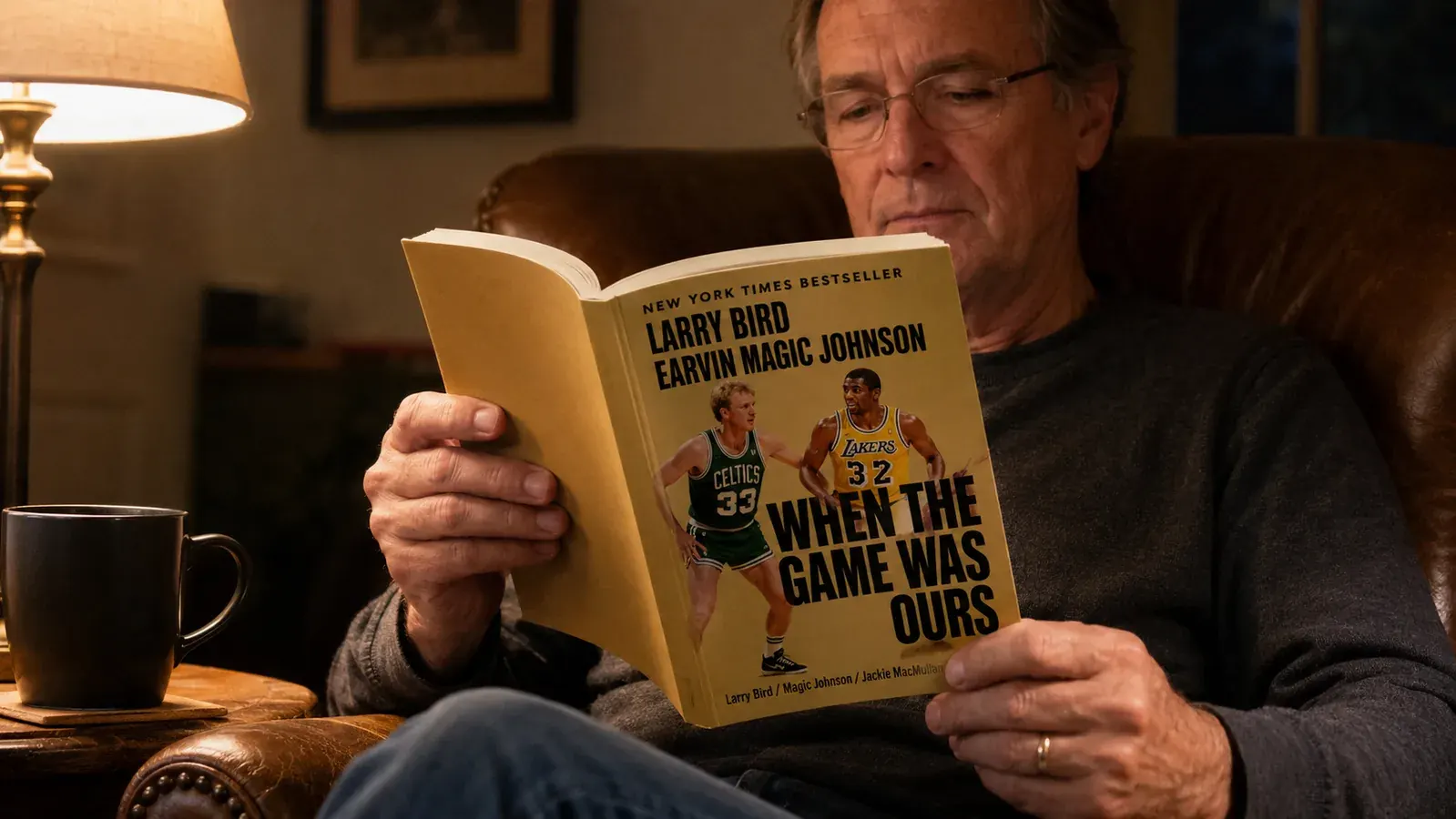 A reader in his late fifties sitting in a leather armchair with the book open in his hands, a mug of coffee on the side table, a reading lamp glowing